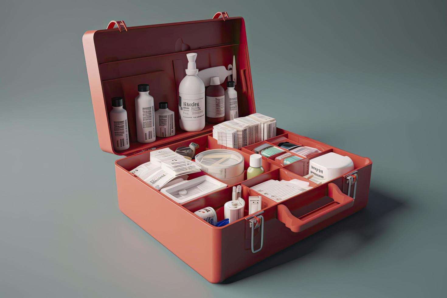 Simple open red first aid kit with with medicines for drugstore category 3d render illustration. photo