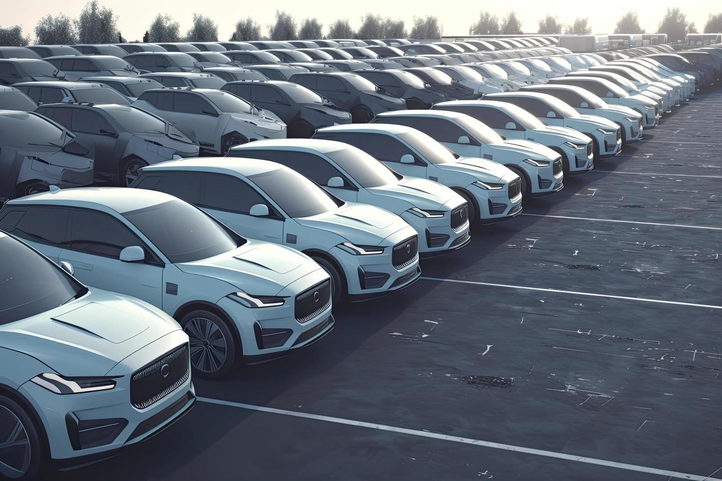 New self driving cars fleet waiting to be exported, large amounts of electric vehicle in dealership parking photo