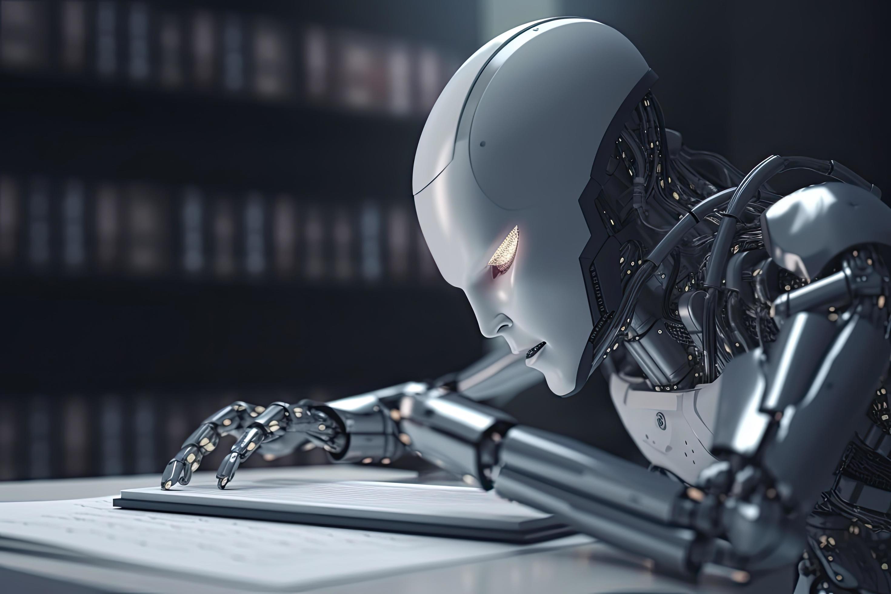 Robot exploring new bit of information and reading book. Concept of ...