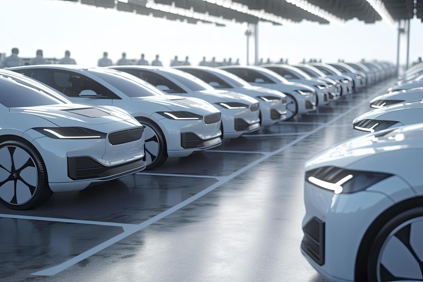 New self driving cars fleet waiting to be exported, large amounts of electric vehicle in dealership parking photo