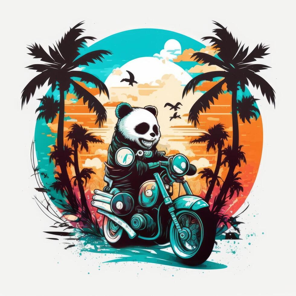 A cute panda on motor bike on a beach graphic vector photo