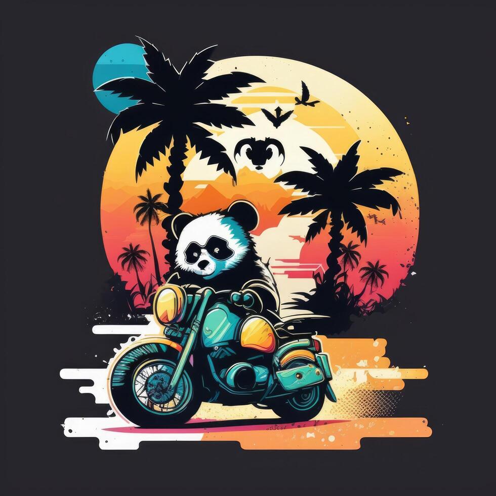 graphic vector of cute panda on motor bike black background photo