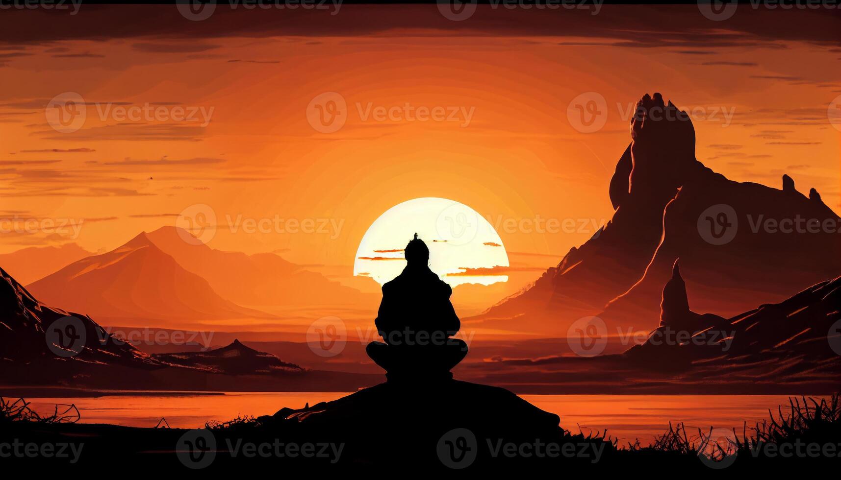 man meditating on a vast plain silhouetted against the sun photo