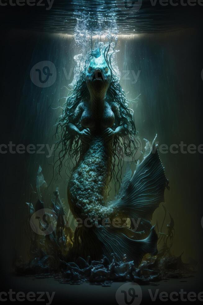 de miedo sirena lleno cuerpo severo pegajoso Encendiendo oscuro imagen generativo ai foto