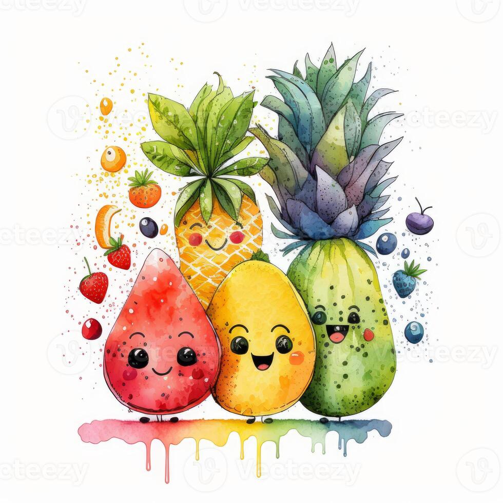 happy fruit friends neon watercolor and ink illustration photo