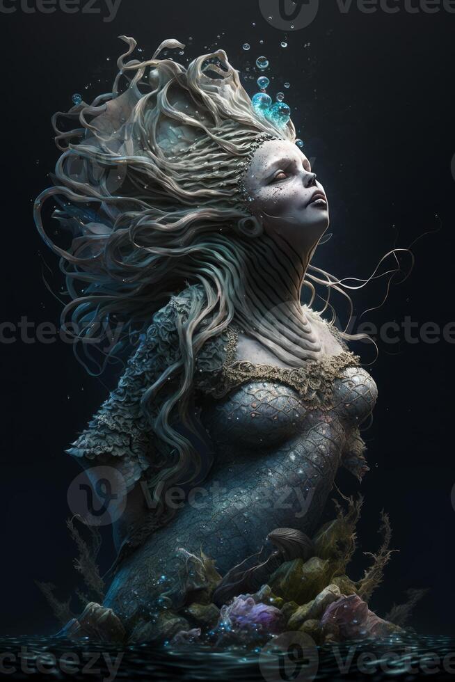 beautiful mermaid full body grim goomy lighting dark creepy photo