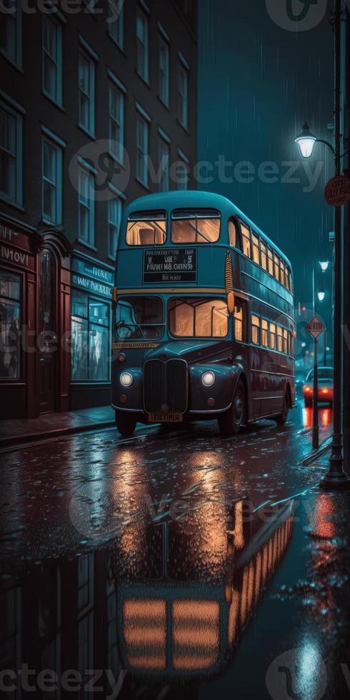 A bus running in nostalgic night at empty raining london streets photo