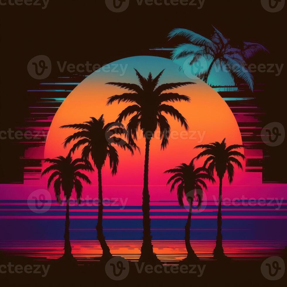 palm trees in front of a retro sunset creative illustration photo