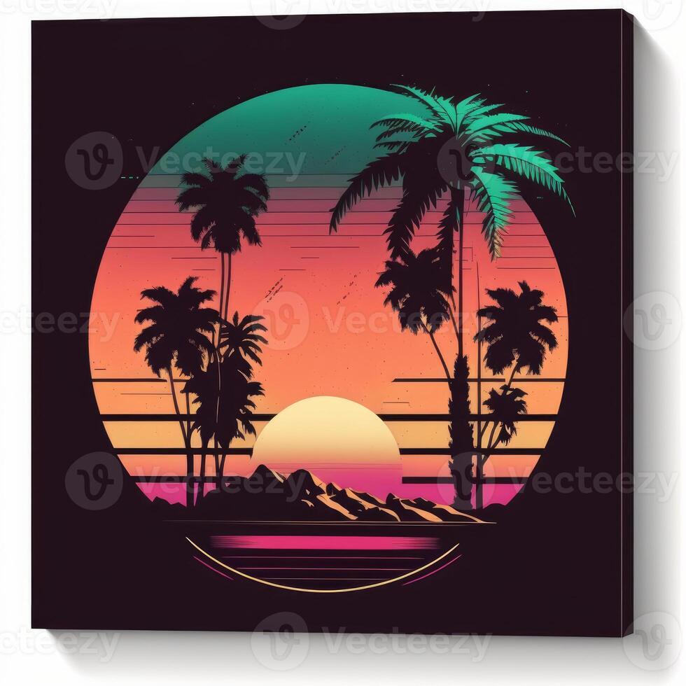 palm trees in front of a retro sunset black image photo