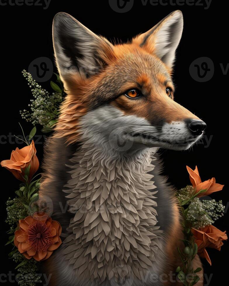 orange fox portrait with gren flowers black background image photo