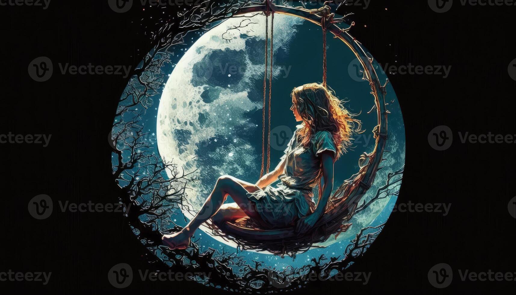 oil painting women sitting on a swing facing moon photo