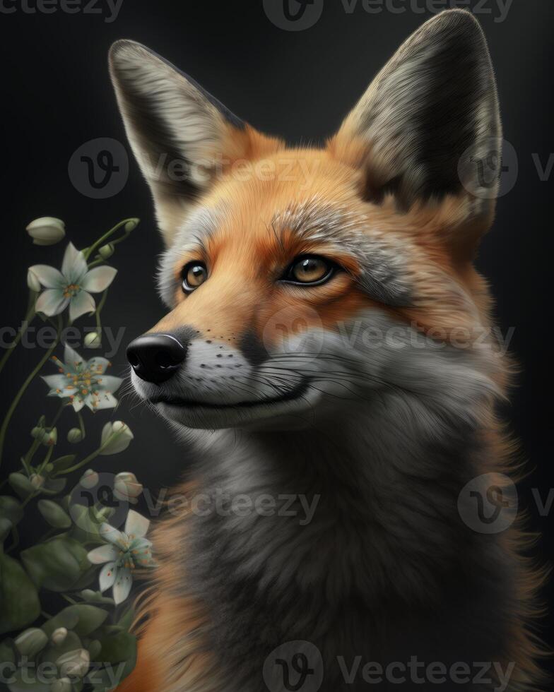 orange fox portrait with gren flowers make glossy photo