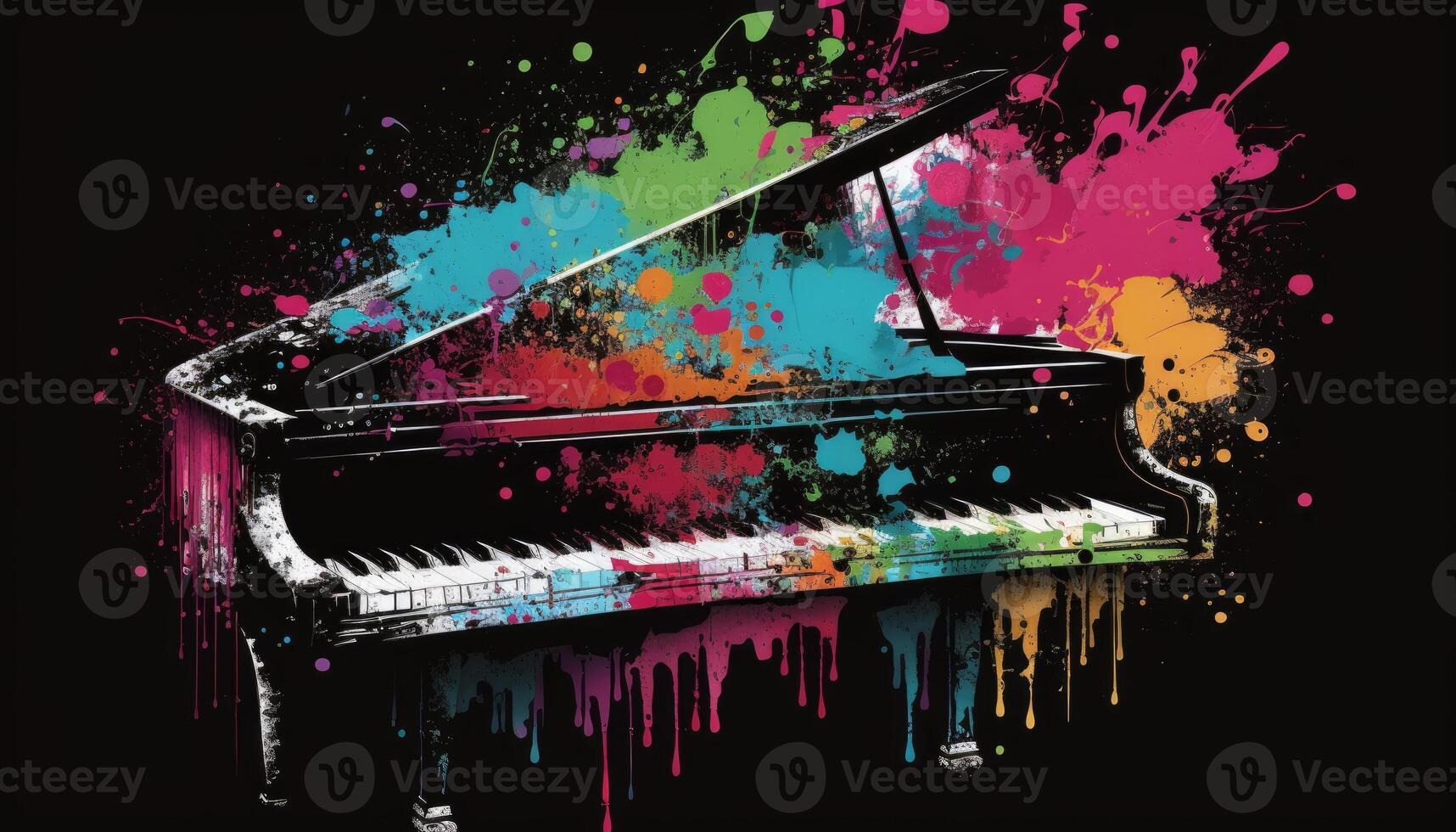 piano with colorful paint splattered on it black background photo