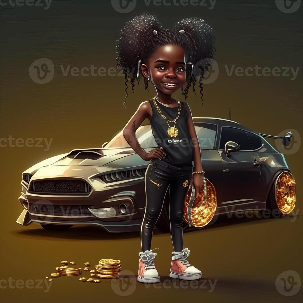 cartoon character black cool girl standing with her car photo