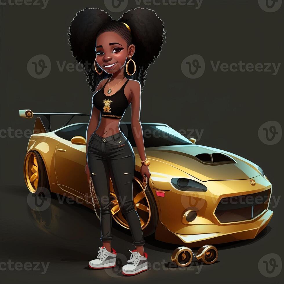 girl as cartoon character wearing a gold chain with car photo