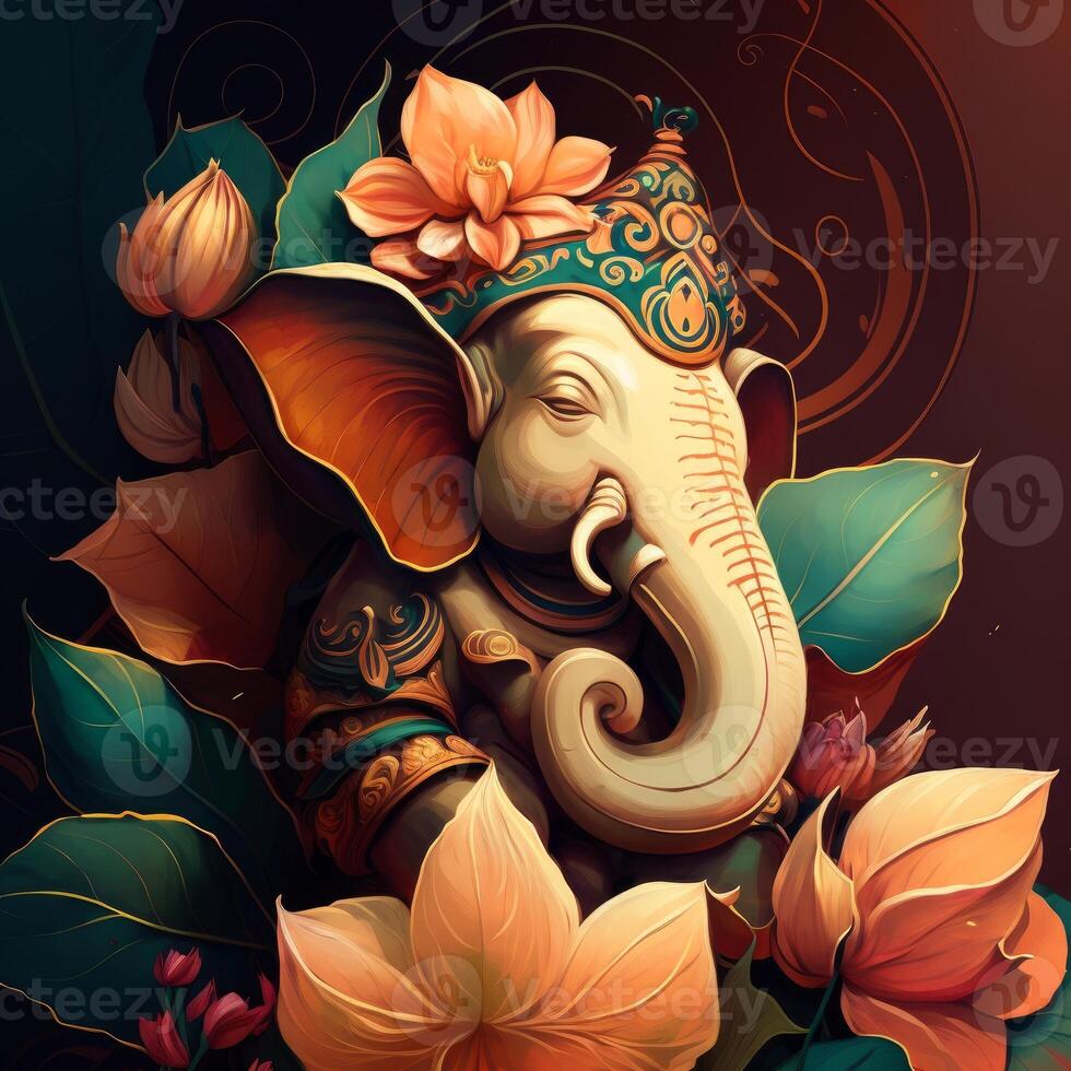 designer ganesha portrait with flowers and leaves photo