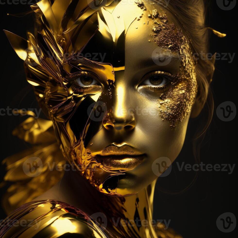 girl face covered by gold plate close up image photo