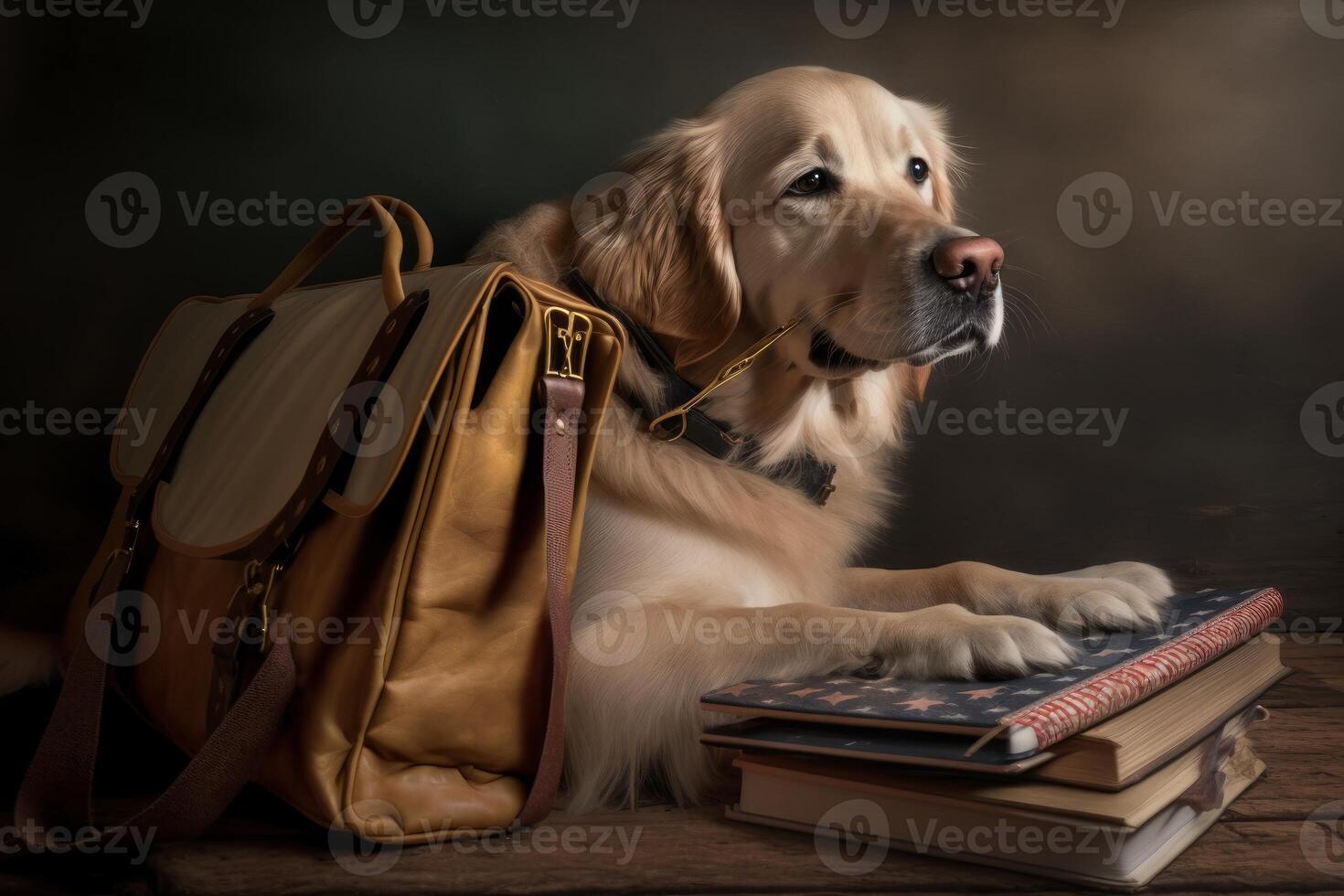 golden retriever dog in USA with bag and books for study photo