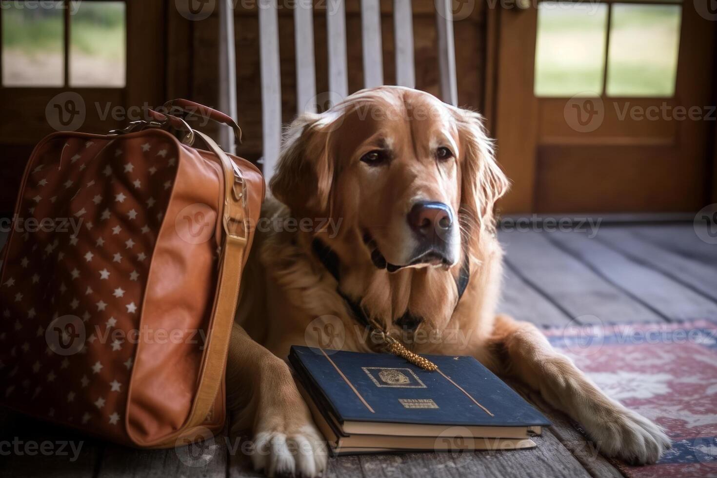 golden retriever dog in USA with bag and books photo