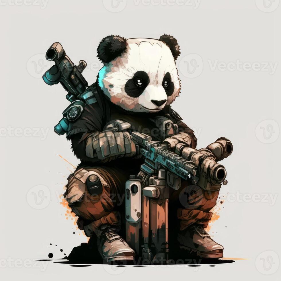 soldier panda with gun graphic vector on black background photo