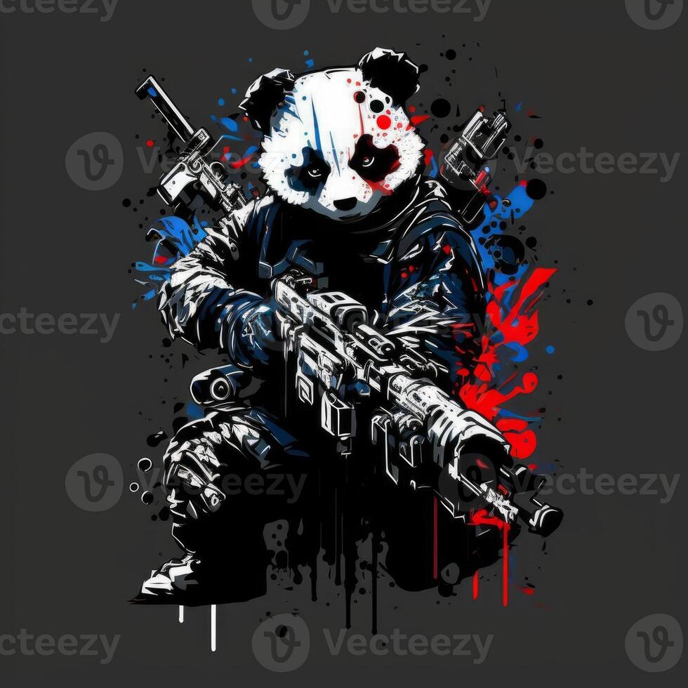 soldier panda with gun graphic vector on black background photo