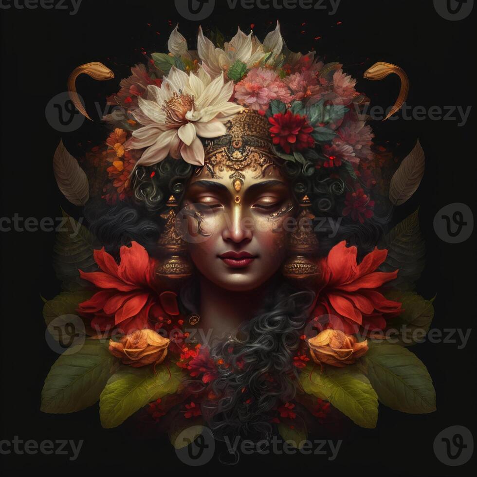 hindu india goddess lakshmi head morphing into flowers photo