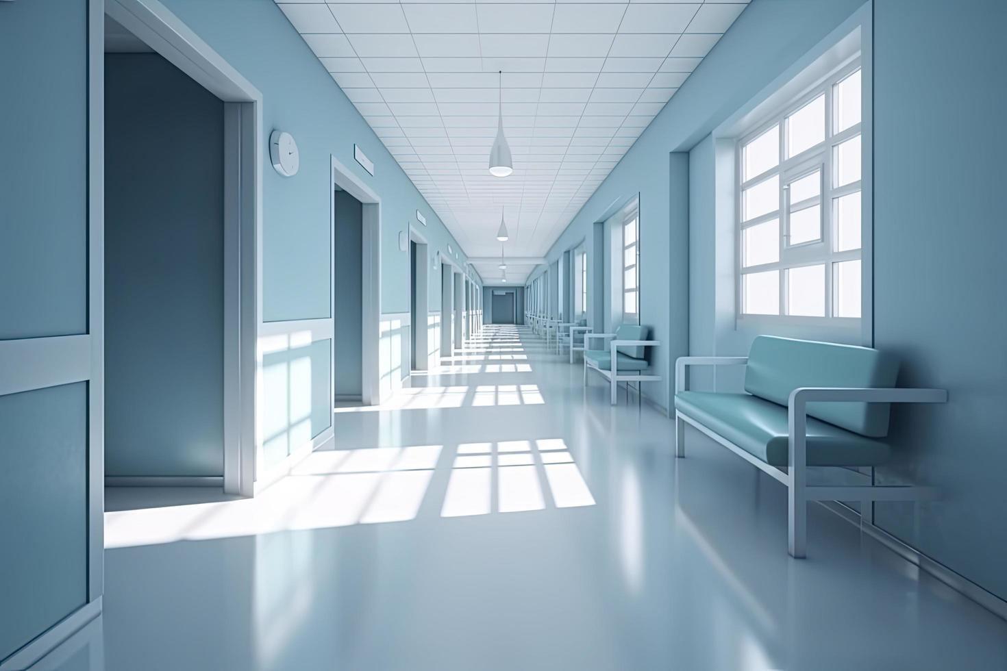 Long hospital bright corridor with rooms and blue seats 3D rendering photo