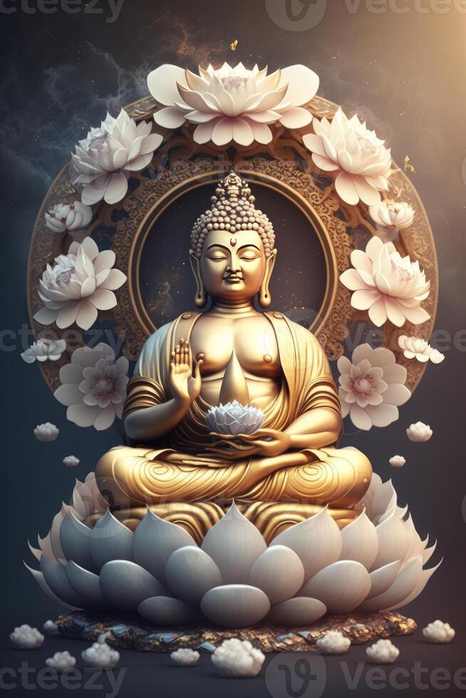 buddha in buddhism sits on a beautiful pink lotus photo
