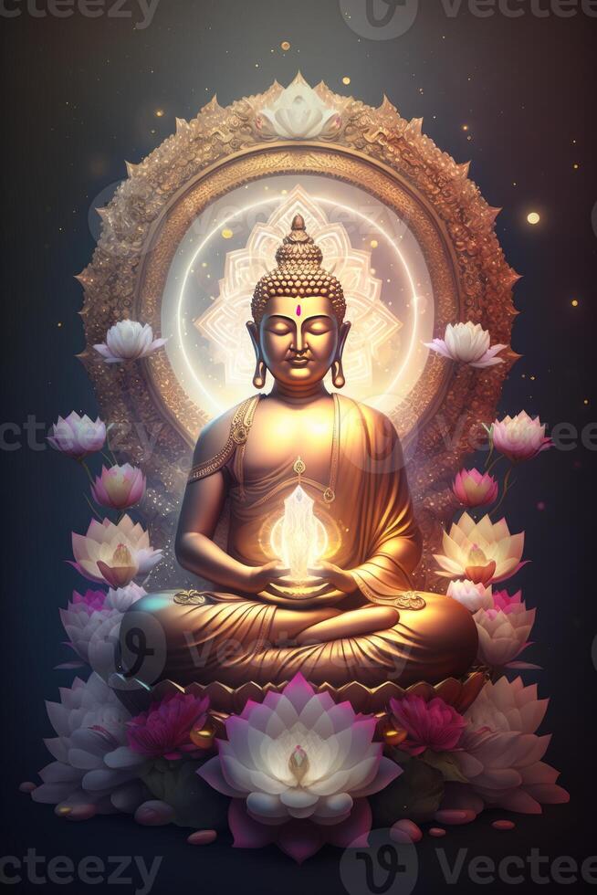 buddha in buddhism sits on pink beautiful lotus photo