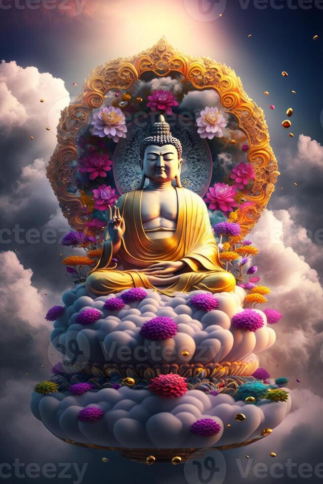 buddha in buddhism sits on a cloud surrounded by flowers photo