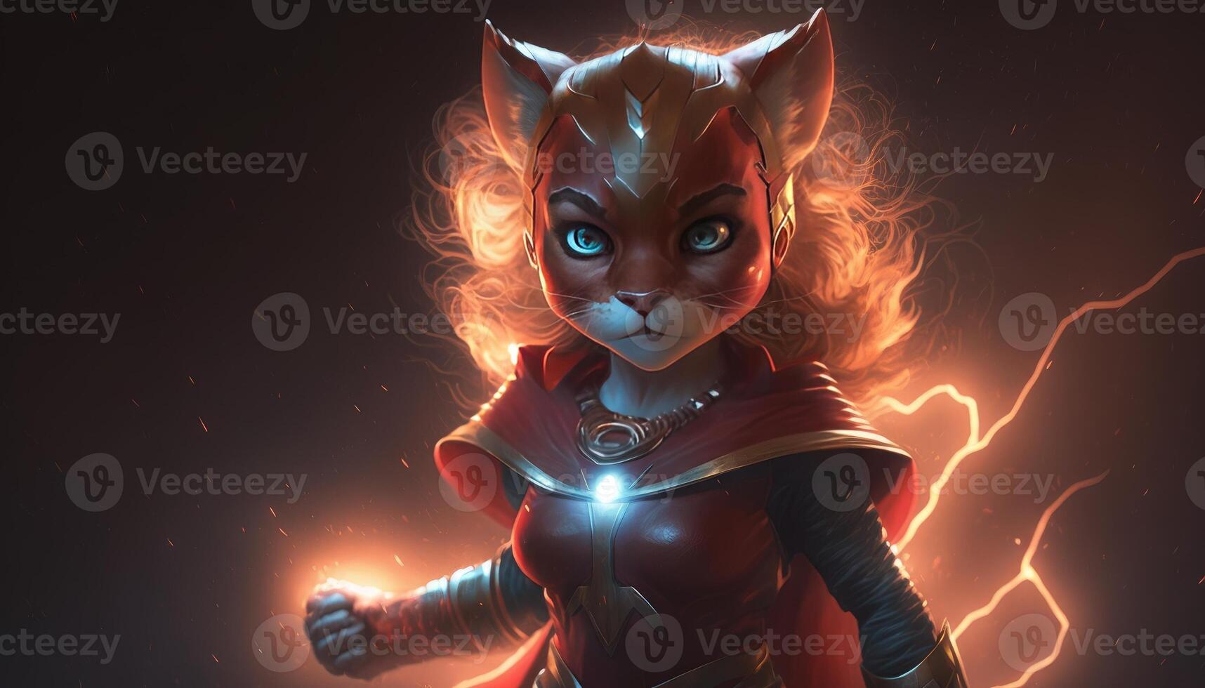 cute Tigon as Super Hero art red dress glowing eyes photo