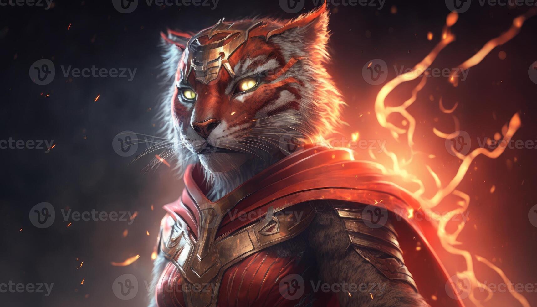 cute Tiger as Super Hero art red dress glowing eye image photo