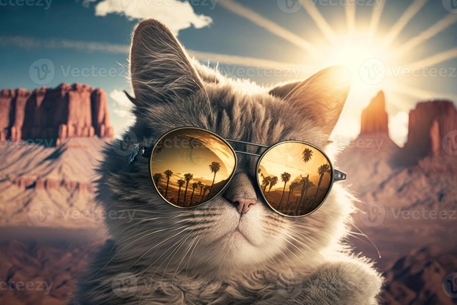 A cat wearing sun glasses on a beach photo