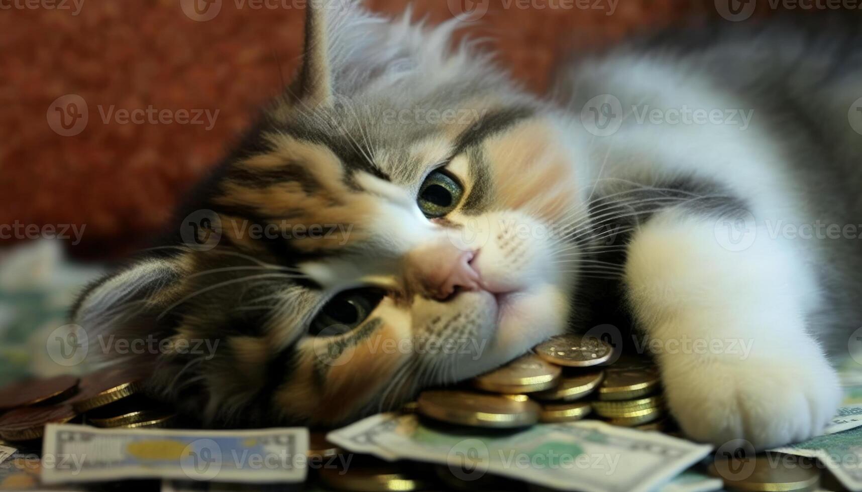 cute innocent kitty silly lying on a pile of cash lazy cat photo