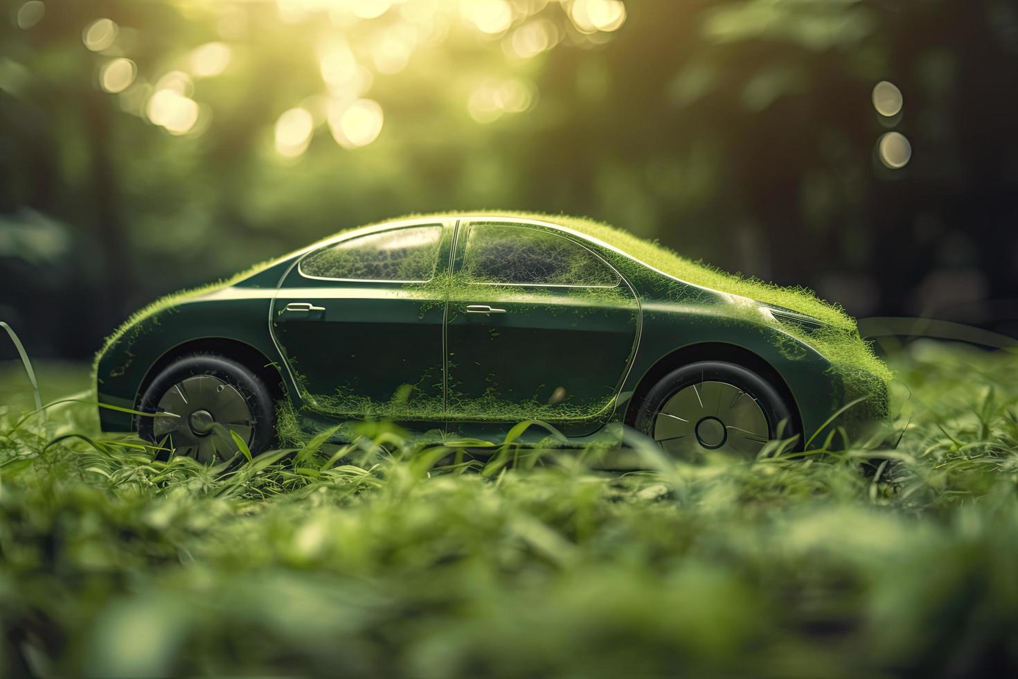 electric car with green leaf icon on blur grass background, ecology and environment concept photo