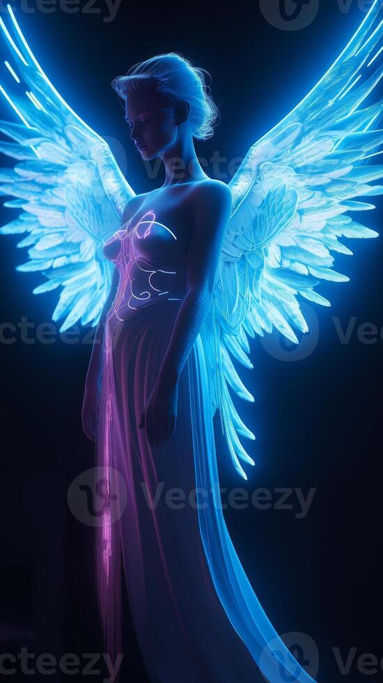 Angel with blue pink Octane render neon light image photo