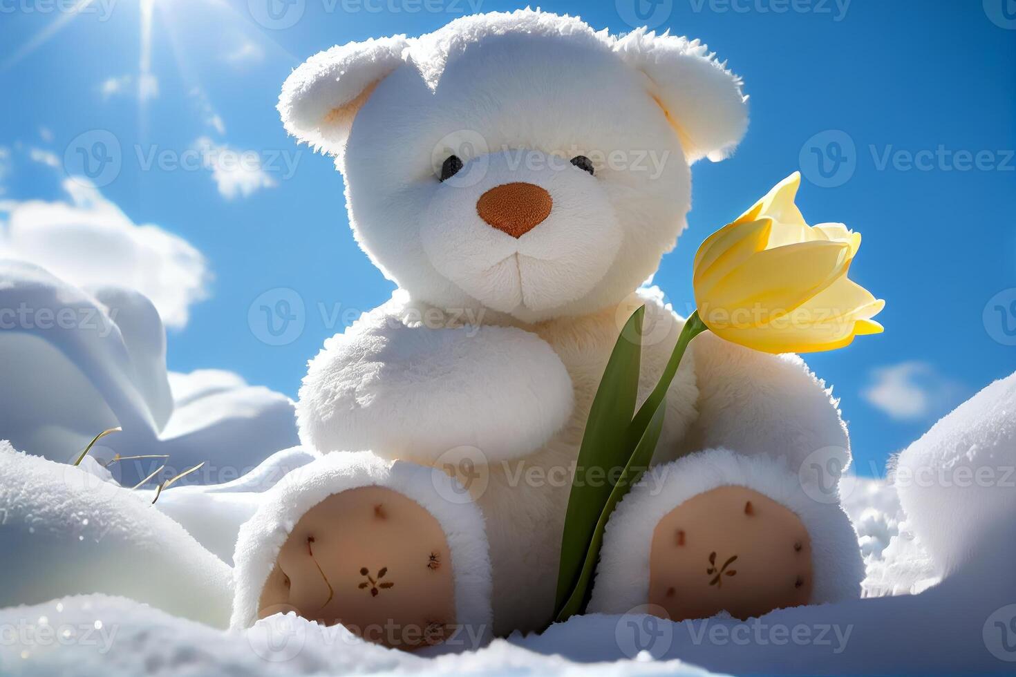 beautiful and cute white teddy bear playing in the flower photo