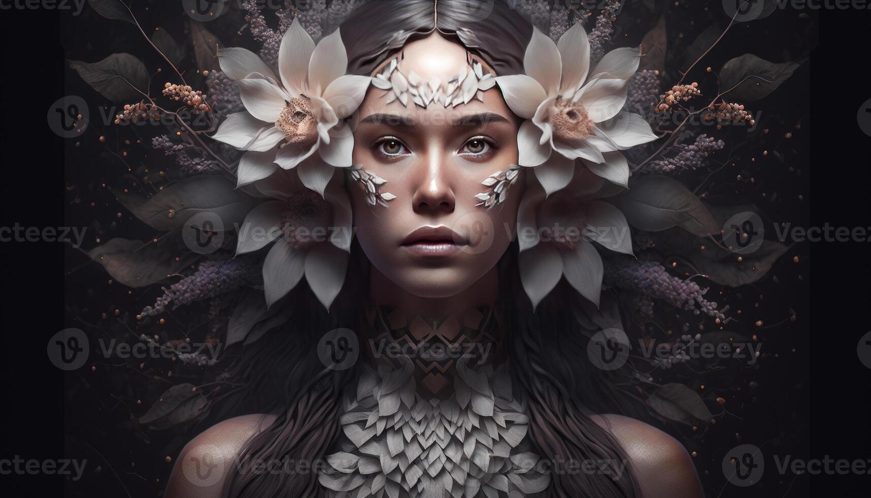 beautiful epic ancient women wearing flower and leaves dress photo