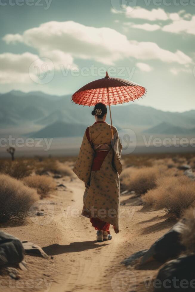 espalda ver de geisha participación un paraguas generativo ai foto