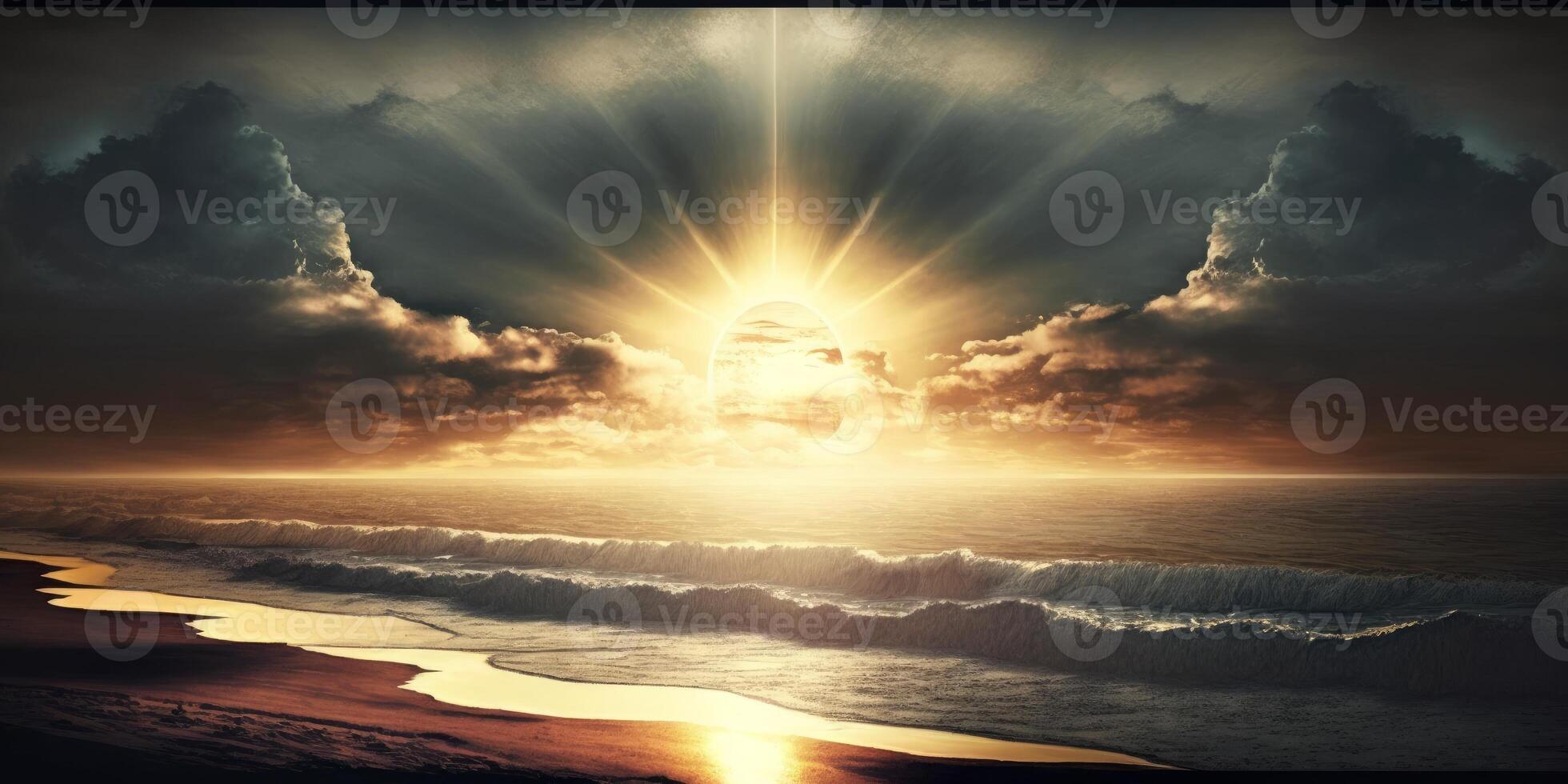 view of beautiful morning sunrise over the beach at the ocean photo