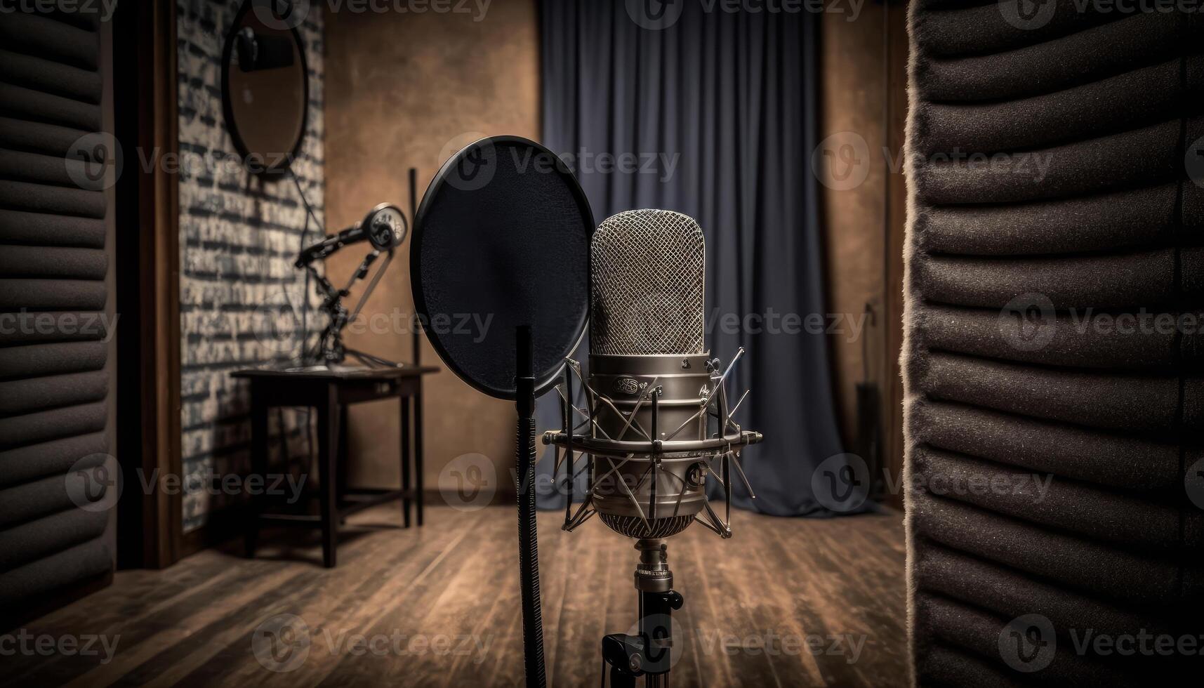 Photo studio microphone and pop shield on mic in a studio