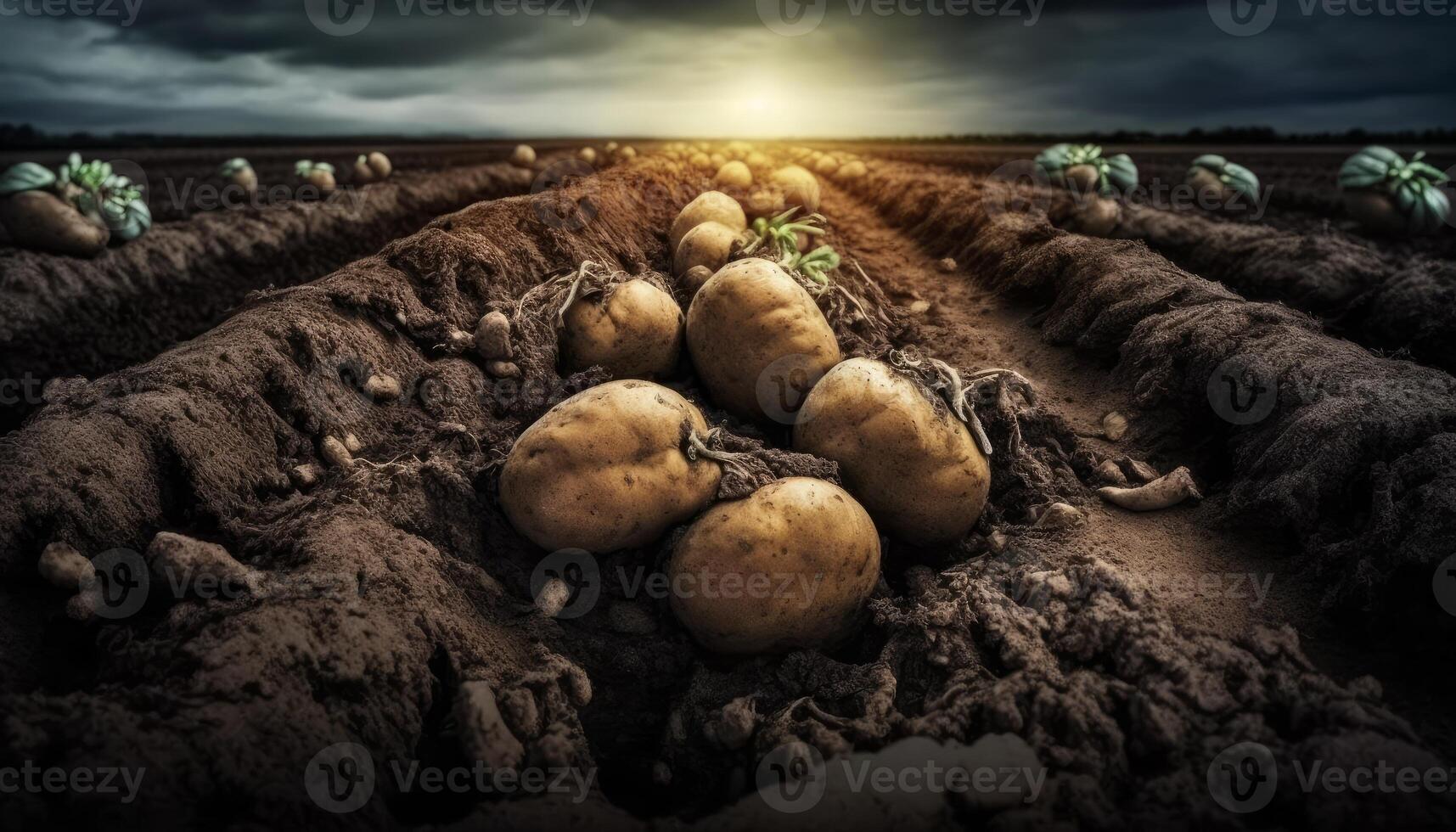 Potatoes on soil at field realistic image photo