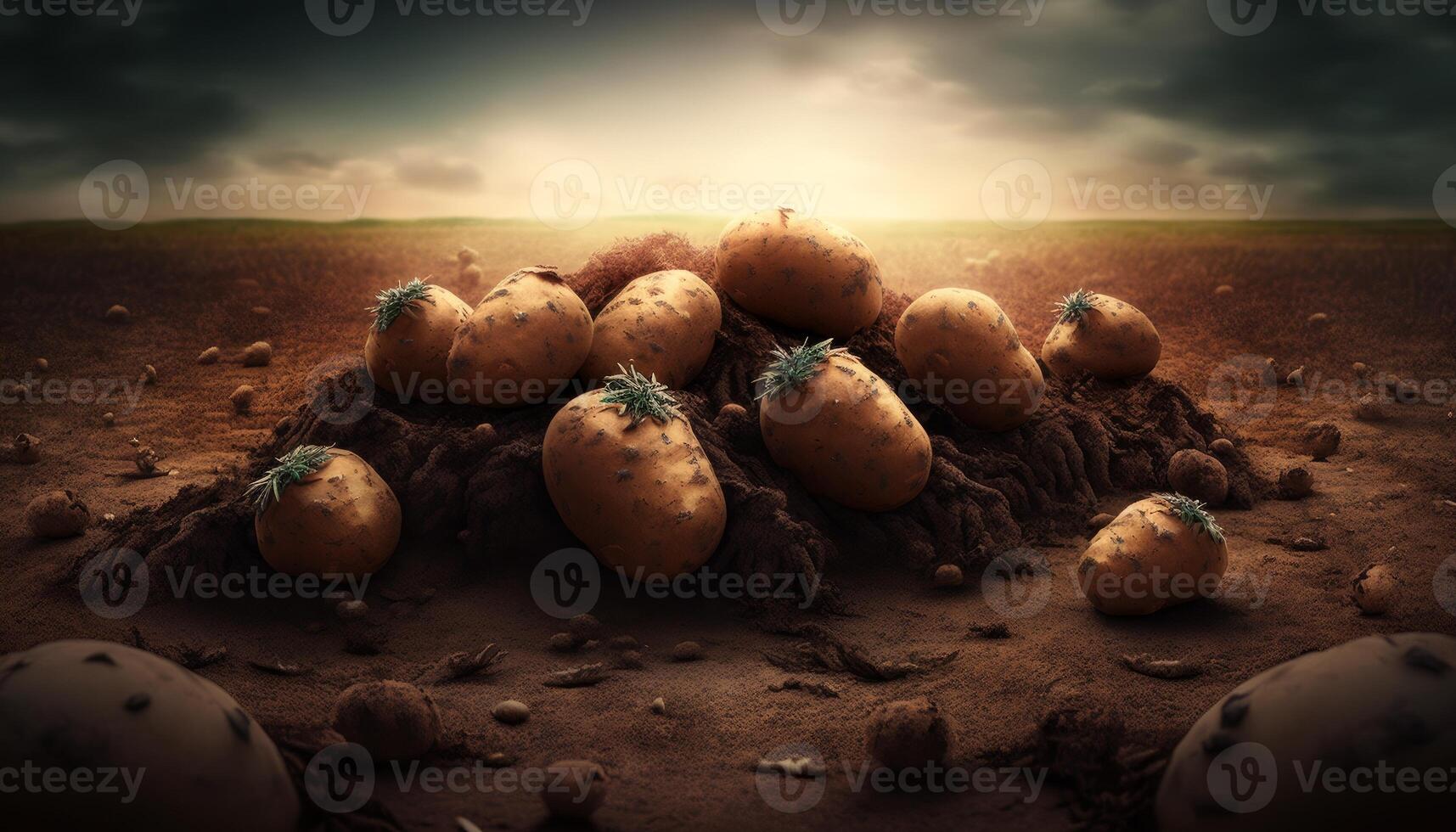 Potatoes on soil at field beautiful image photo