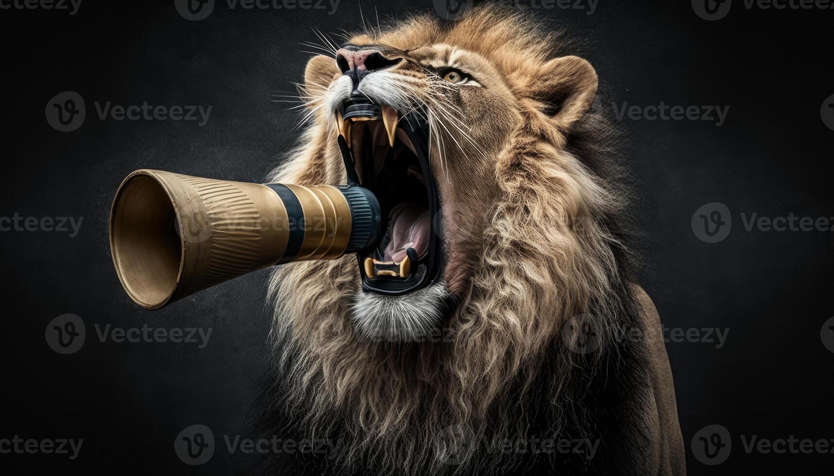 Lion holding megaphone with its mouth open photo