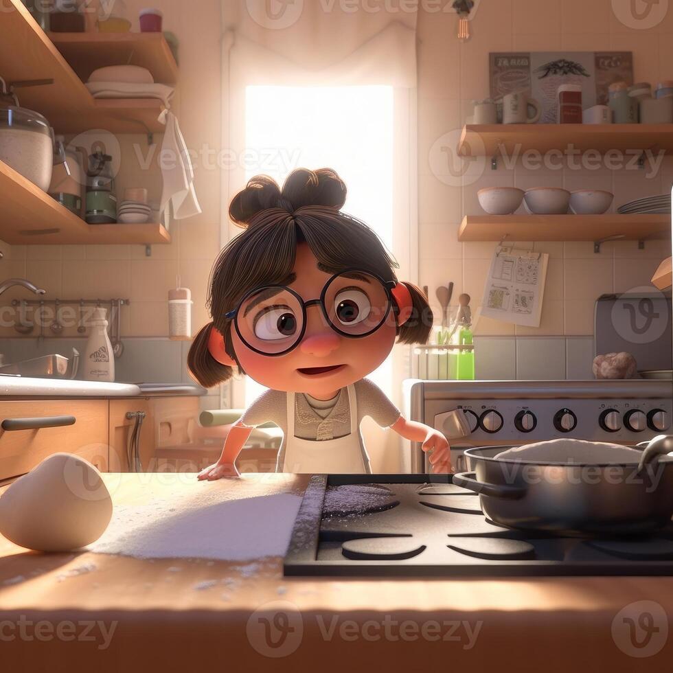 un pequeño niña Cocinando en el cocina generativo ai foto