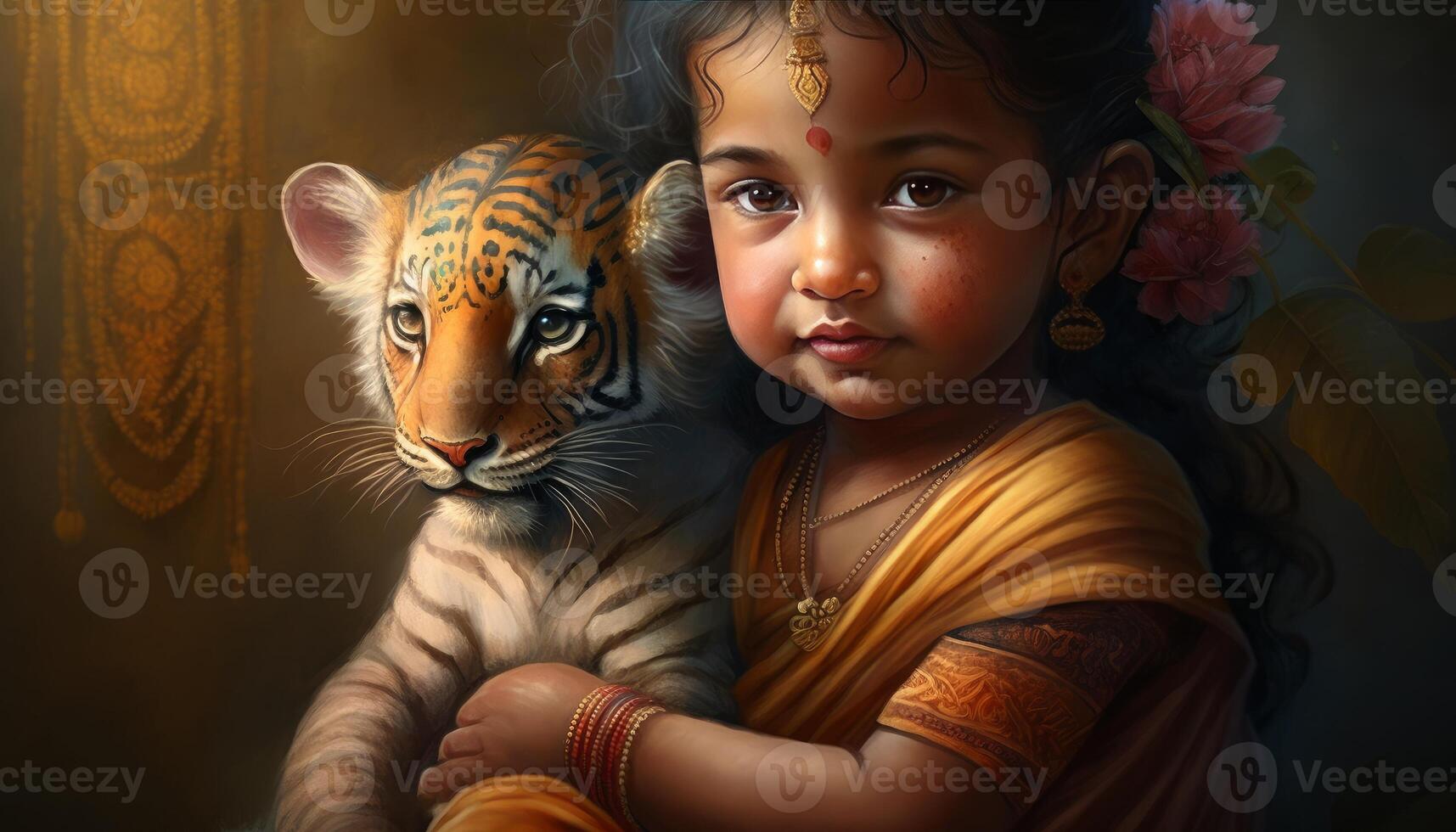 Little cute baby Durga with Baby Tiger Cute 8k photo