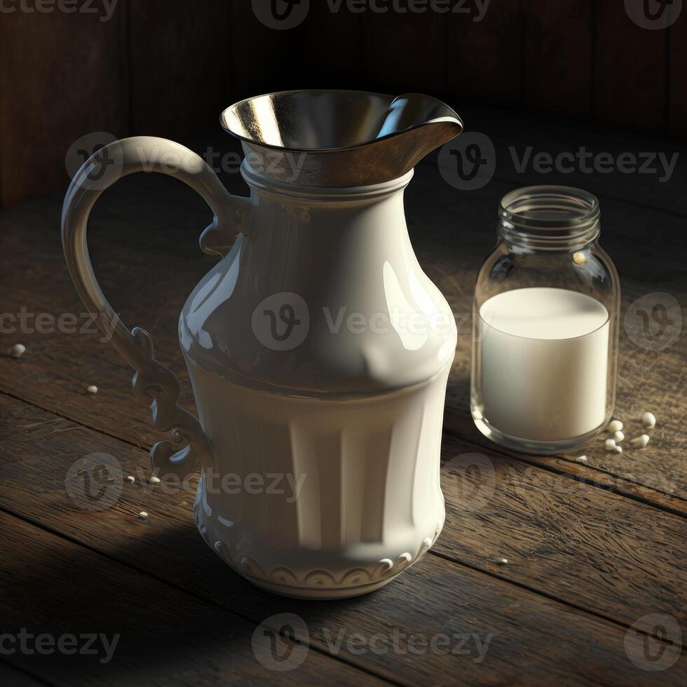 Milk comes from a jug close up and small cute milk bottle image photo