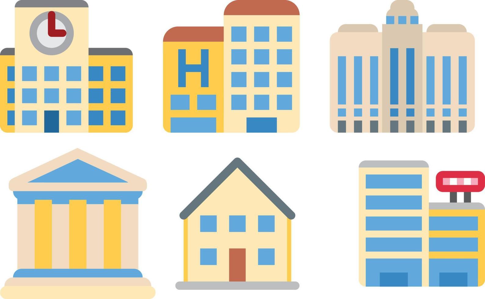 Set of icons of buildings. Vector illustration in flat design style.
