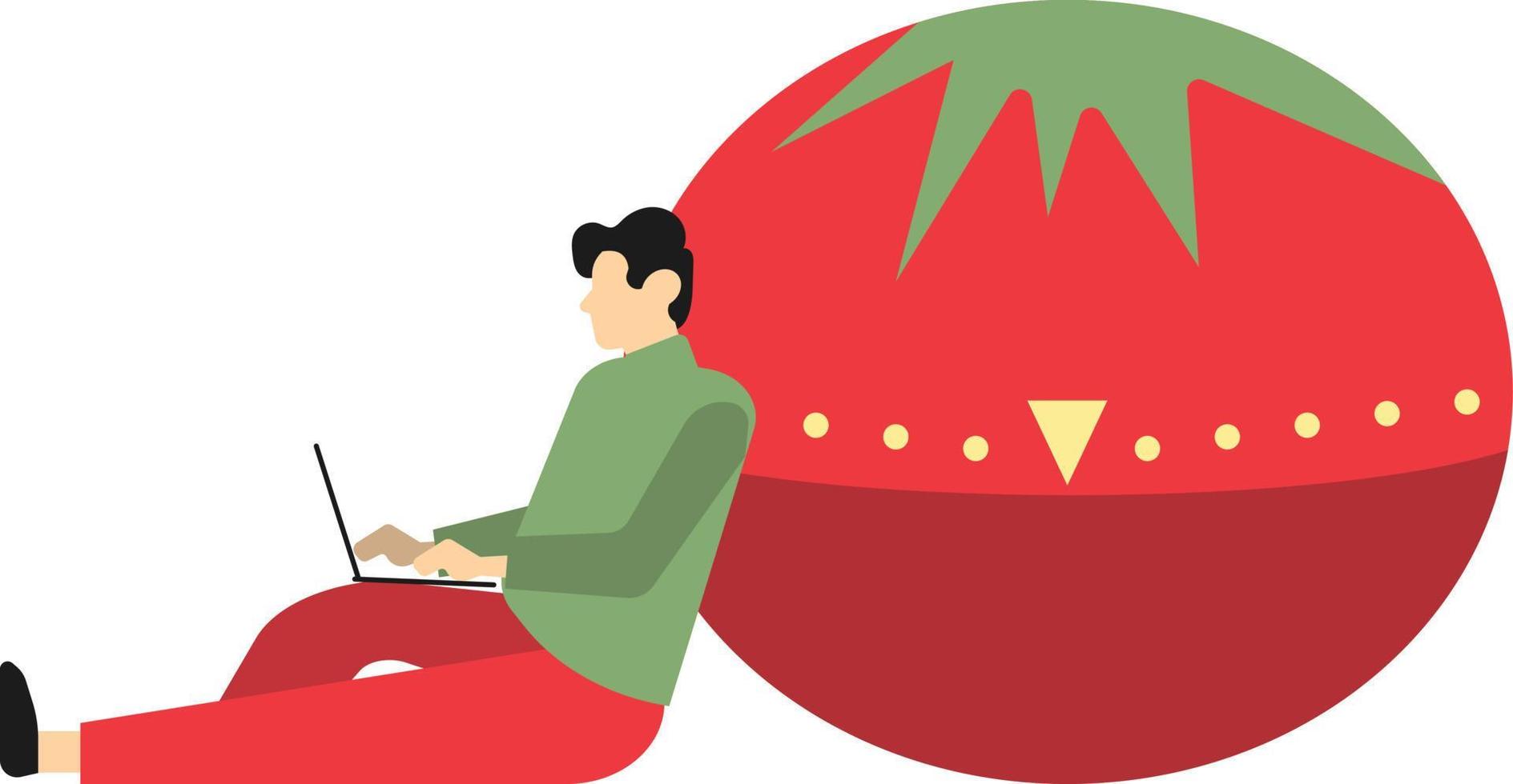 hombre trabajando en un ordenador portátil en un tomate forma. vector ilustración.