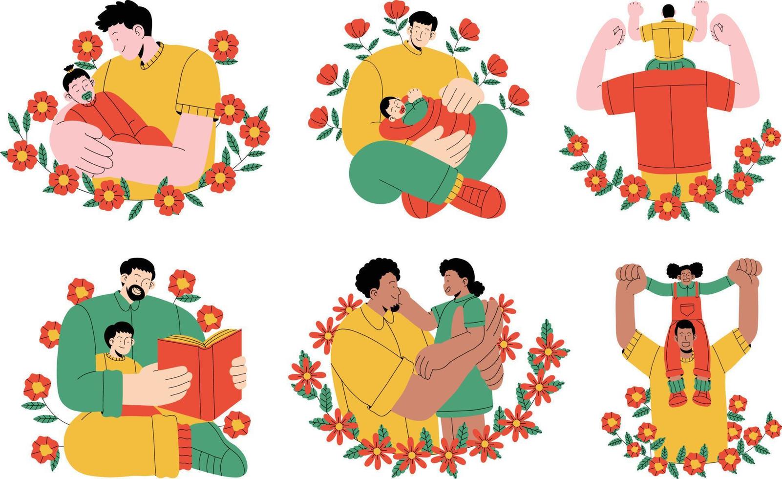 Set of illustrations with happy family, mother, father and son. Flat vector illustration.